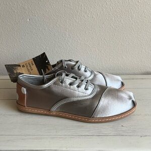 Toms Silver Satin Lace-Up Sneakers with Tan Trim